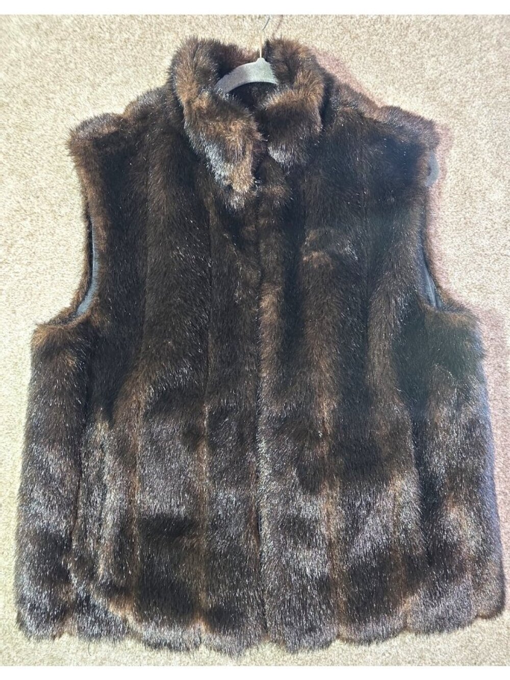 Caroline Colours Vintage Brown/Black Faux Fur Vest Reversible Full Zip Women's L